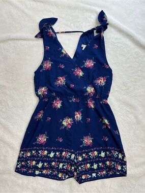 Mi Ami Navy Blue Floral Border Print Romper — Size Medium